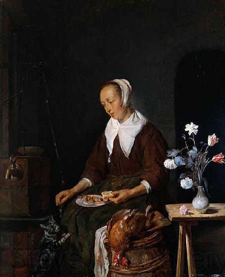 Gabriel Metsu Woman feeding a cat Spain oil painting art